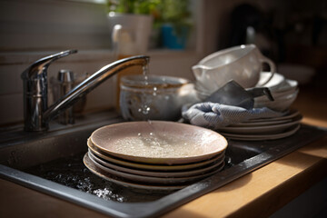 Obraz premium Dirty dishes piled up in a kitchen sink.