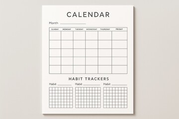 Minimalist monthly calendar and habit tracker template layout with clean grid design on light desk background for organization and planning concept. Ai generative