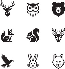 Fototapeta premium Collection of Forest Animal Icons Deer Owl Bear Fox Squirrel Eagle Wolf Rabbit Silhouettes vector illustration