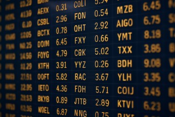 Digital stock ticker board displaying company codes and numbers in yellow text on dark background with sharp light reflections, finance concept. Ai generative