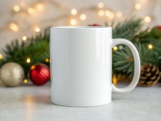 Christmas mug mockup. White ceramic mug on a tabletop with Christmas ornaments, pine garland and warm bokeh lights — blank mockup for holiday beverage branding.