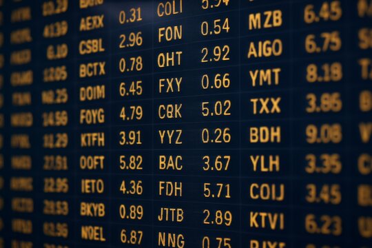 Digital stock ticker board displaying company codes and numbers in yellow text on dark background with sharp light reflections, finance concept. Ai generative