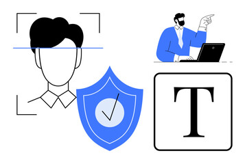 Facial recognition, shield with checkmark, focused worker using a laptop, and bold typography. Ideal for security, identity, work-from-home setup, technology, communication solutions simple flat