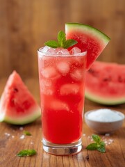 Refreshing watermelon juice served in a tall glass filled with ice cubes