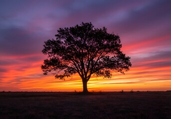 Obraz premium Silhouette of a lone tree against a vibrant sunset sky, nature landscape, beautiful scenic view.