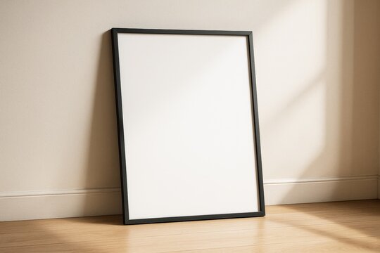 Blank vertical poster mockup with black frame leaning against beige wall in sunlight on wooden floor, minimalist clean layout for design display.