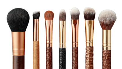 Close-up of a set of eight makeup brushes, arranged horizontally