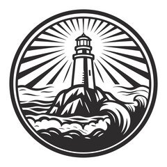 Round vintage monochrome emblem with lighthouse on rocky island, light beams guiding ships through stormy sea, suitable for marine navigation and safety designs