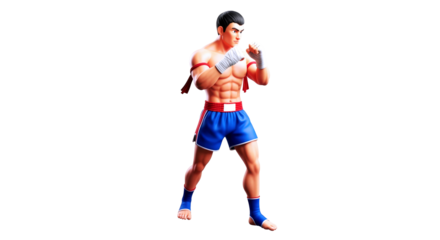 3d cartoon muay thai fighter powerful stance, dynamic energy, athletic power, competitive spirit, vibrant colors, ready to strike, isolated on transparent background