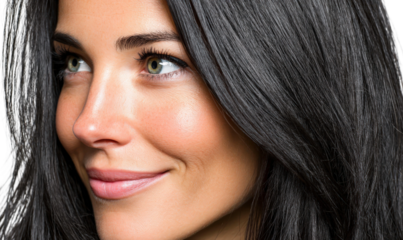 Beautiful woman with long dark hair and captivating green eyes, smiling gently, natural look, close-up portrait, beauty and health concept