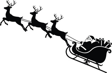 Santa Claus Flying Sleigh with Three Reindeer and Christmas Gifts Silhouette Vector for Holiday Decoration and Festive Design