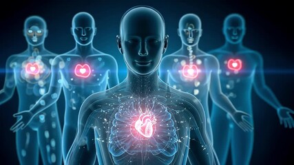Human anatomy illustration with glowing hearts, representing health and love.