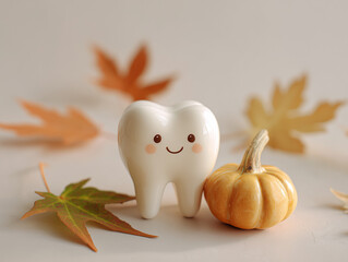 Happy Tooth Character with Autumn Background