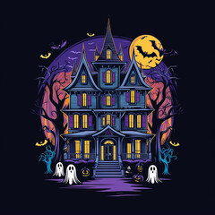 Spooky Haunted House Illustration with Bats and a Full Moon Generative ai.
