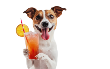 Dog holding cocktail on white background,png
