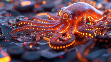 Glowing robotic octopus character with data cables on a floating digital platform