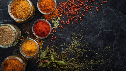 red chill and other spices in a black background