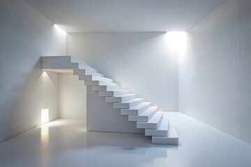 Fototapeta premium Minimalist white staircase in a bright room with light shining through