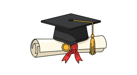 Graduation Cap and Diploma Rolling Illustration Representing Academic Achievement and Educational Success