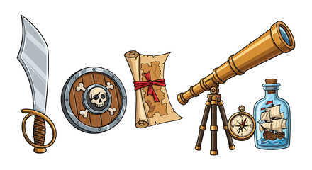 Nautical pirate themed objects set against white background