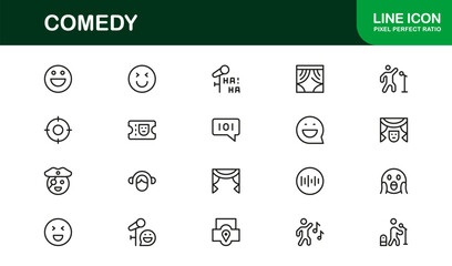 Outline comedy icons pack for entertainment professionals. Boost branding and humor projects with premium, clean, and versatile laughter-focused visuals.