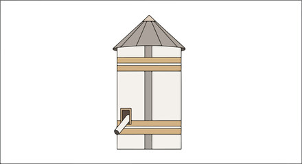 Simplistic sketch of a traditional wooden clock tower with a pyramid-shaped roof and minimal decorative elements illustrating architectural design