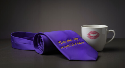 Purple tie and coffee mug with lipstick print for Boss's Day  