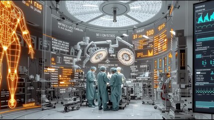 Futuristic surgical team operating under glowing holographic medical data with robotic assistance arms highlighting precision and collaboration. - Powered by Adobe