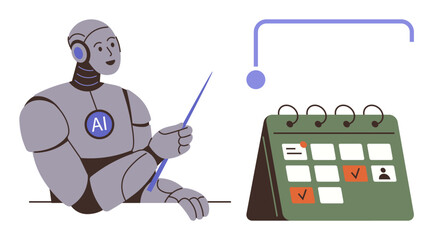 AI robot holding a pointer next to a calendar with marked events and tasks. Ideal for planning, automation, AI technology, scheduling, productivity, digital organization, simple flat metaphor