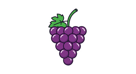 Illustration of a bunch of vibrant purple grapes with a green leaf and stem on a clean white background emphasizing fruit freshness