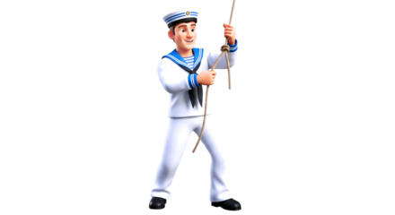 jolly sailor cartoon tugging rope, nautical fun, 3d animation, isolated on transparent background