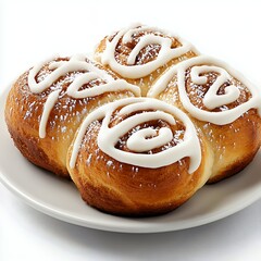 Sweet Golden Cinnamon Rolls with Creamy Icing on White Plate