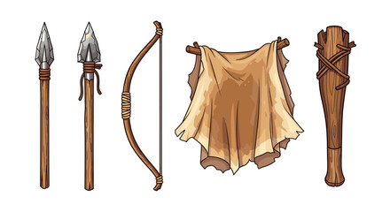 Stone Age Weaponry and Tools: Bows, Arrows, Hide, and Club