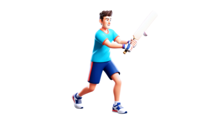 3d cartoon cricket player dynamic swing, readytoanimate action, isolated on transparent background