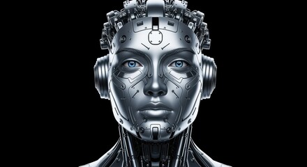 Futuristic Humanoid Robot Face with Blue Eyes