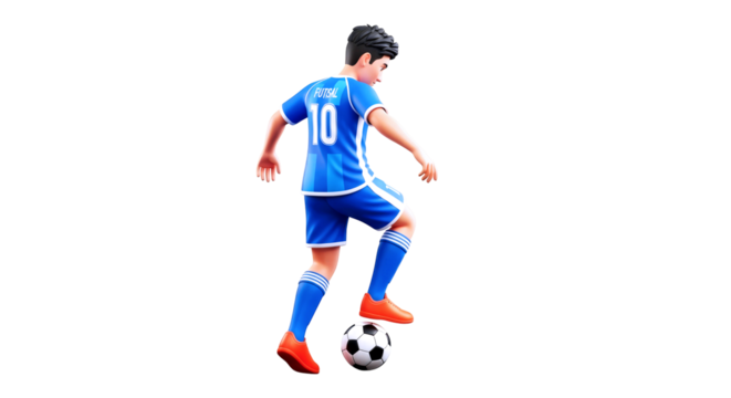 3d cartoon soccer player mastering ball control, dynamic pose, futuristic style, isolated on transparent background