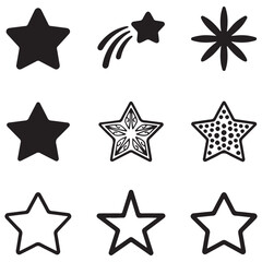 Obraz premium Star Icons Featuring Solid Outline Decorative and Shooting Stars Keywords: star, stars, shooting star, comet, celestial, night sky, sparkle, twinkle, shine, outline, solid, decorative, pattern