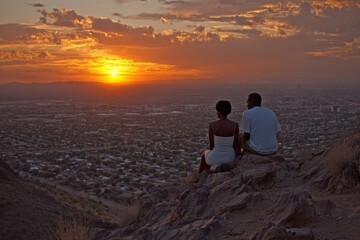 Fototapeta premium Phoenix People: Interracial Couple at South Mountain Watching Sunset in Arizona