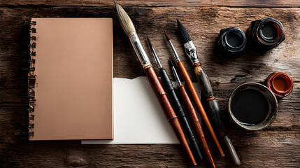Blank Calligraphy Notebook with Brushes and Ink on Wooden Table