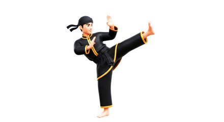 Obraz premium pencak silat master dynamic spinning hook kick, agile power, black and gold uniform, indonesian martial art, isolated on transparent background
