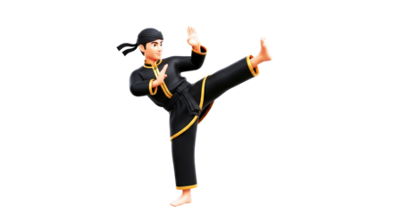 pencak silat master dynamic spinning hook kick, agile power, black and gold uniform, indonesian martial art, isolated on transparent background