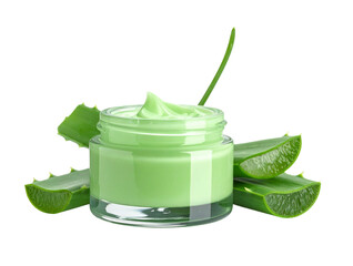 Open Jar of Green Aloe Vera Cream with Fresh Leaves, Front View, Transparent PNG