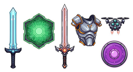 Fantasy game assets featuring medieval weapons and futuristic technology elements