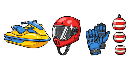 Exciting Watersports Cartoon Illustration Featuring Jet Ski, Helmet, Gloves, and Buoys