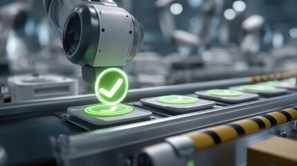 Automated Quality Control - Robotic Arm Inspecting Products on Conveyor Belt.