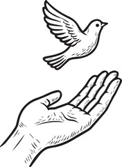 🕊️ Hand Releasing Dove: A hand releases a dove symbolizing peace, freedom, and hope, drawn with delicate lines.