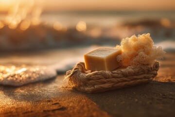 Bar of soap and sponge on driftwood at sunset beach.