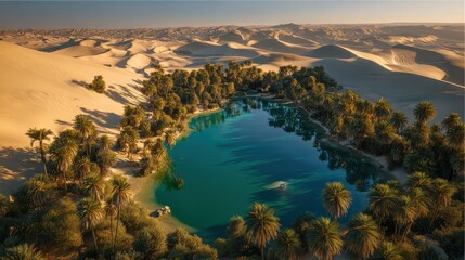 Breathtaking Aerial View of a Desert Oasis at Sunset.