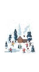 Winter fun A cozy cabin scene with ice skating, snowmen, and joyful people in a snowy landscape