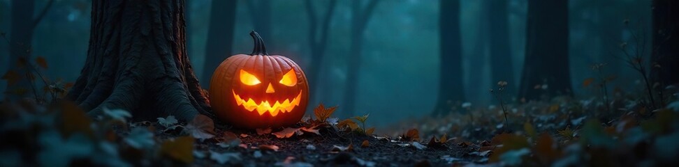 Enigmatic glowing pumpkin sits in a dark, spooky forest, emanating an eerie, otherworldly light Perfect for Halloween, fantasy, or autumnal occult themes , carved pumpkin, glowing, shadows